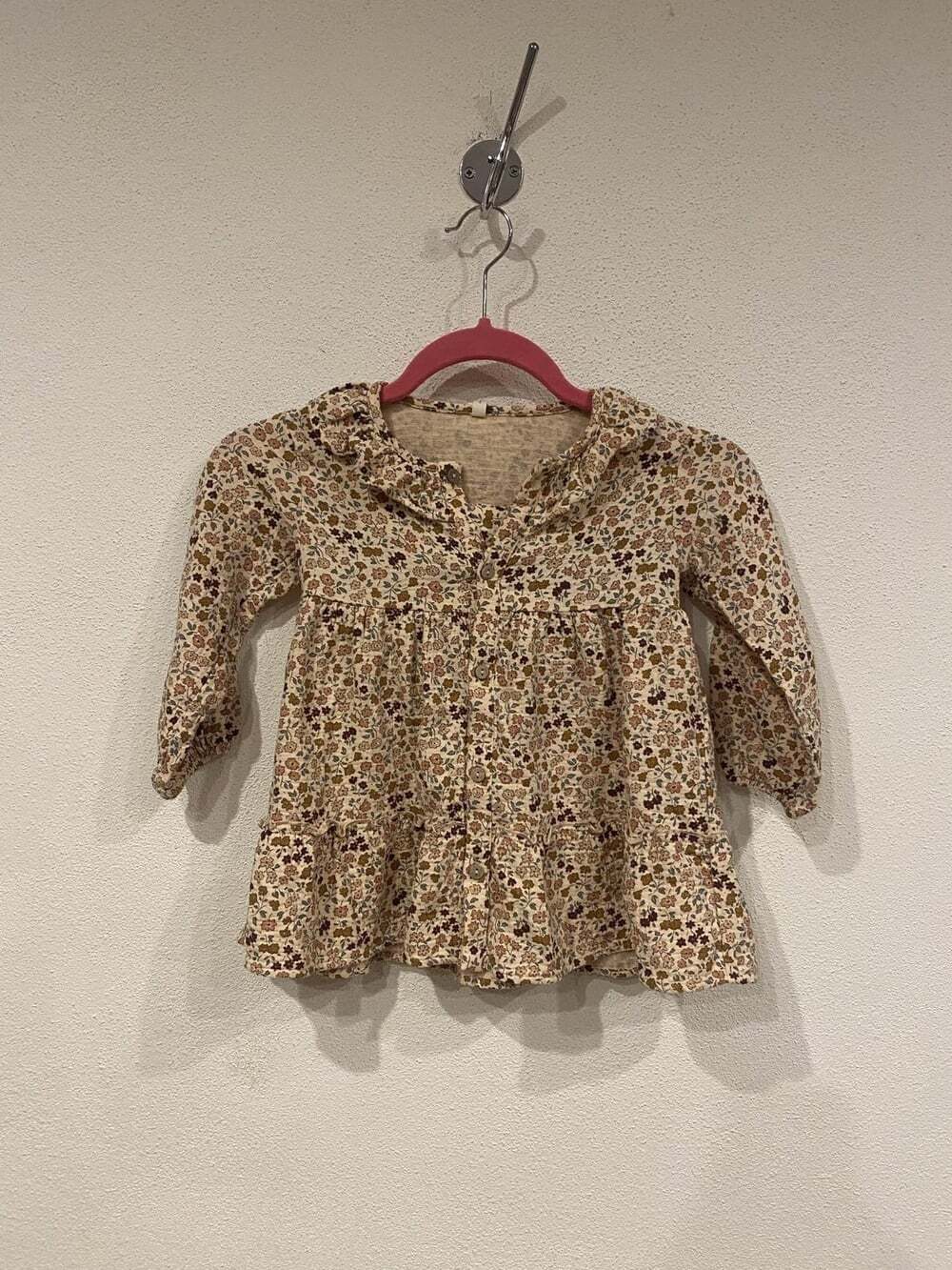 Quincy Mae Dress Girls 3T Beige Floral Long Sleeve Ruffle Collar Tiered Hem - Picture 1 of 3